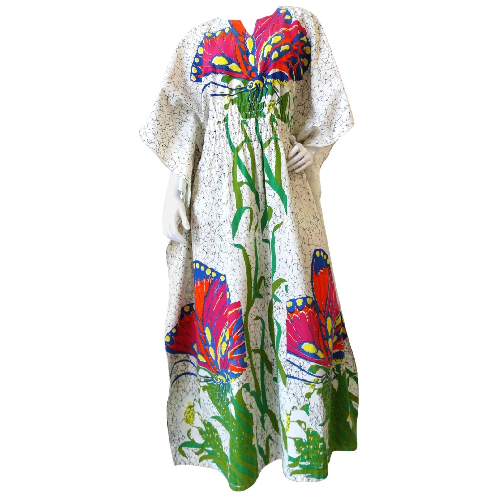 1970s Butterfly Printed Kaftan Dress