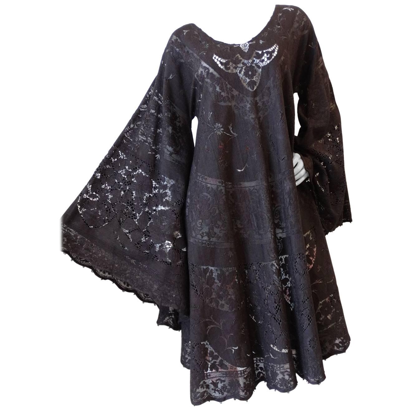 1970s Dark Grey Lace Angel Wing Dress