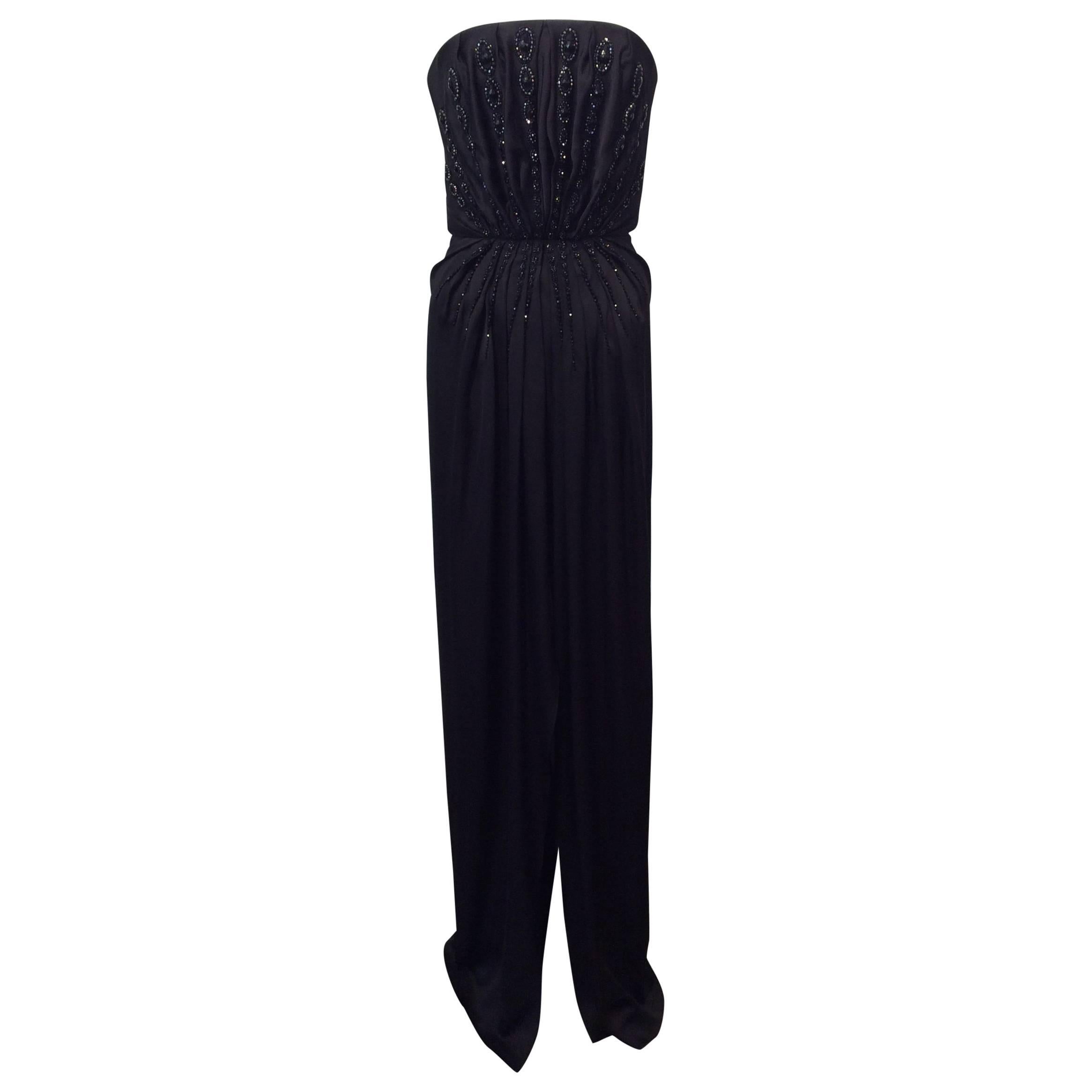 Yves Saint Laurent Black Silk Beaded Strapless Evening Gown  For Sale