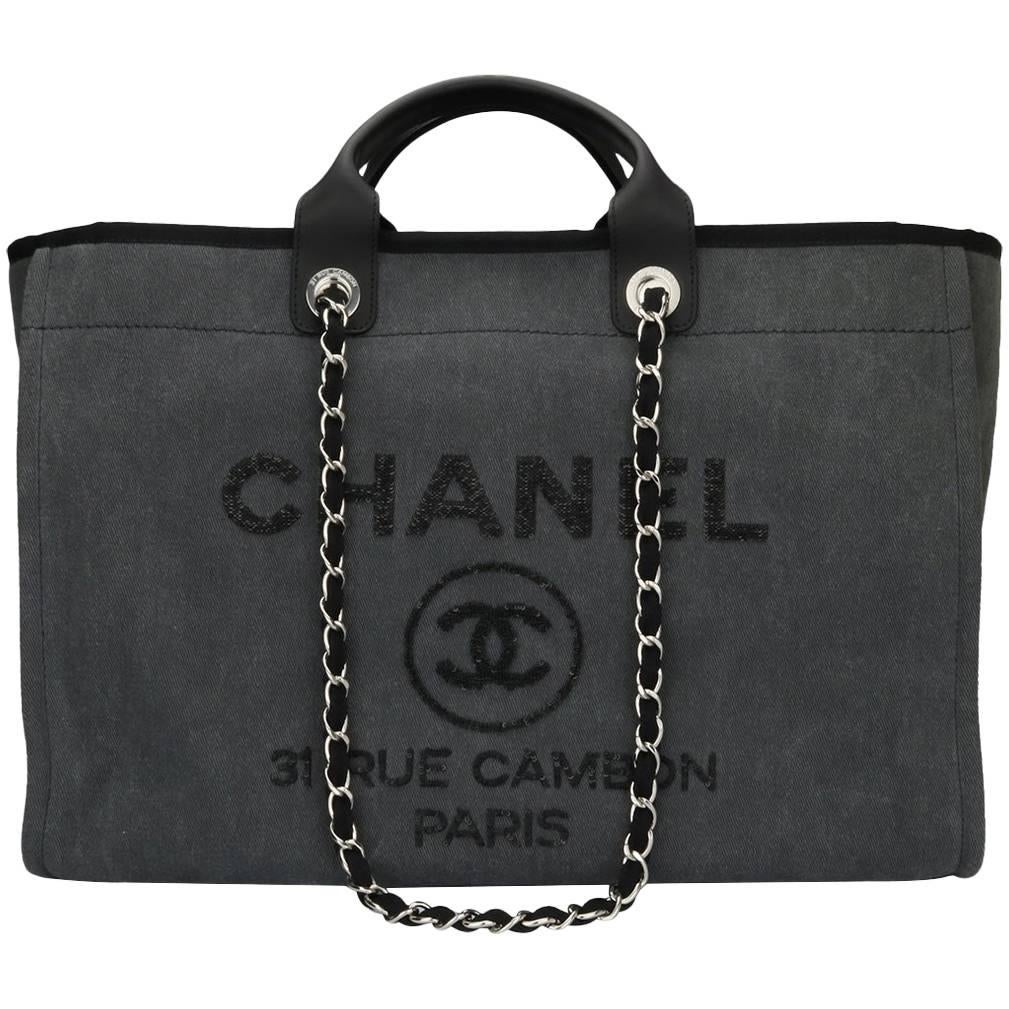 CHANEL Deauville Tote Large Grey Sequins Canvas with Silver Hardware 2017