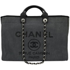 Used CHANEL Deauville Tote Large Grey Sequins Canvas with Silver Hardware 2017