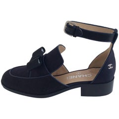 Chanel Black and Navy Satin Sandals With Grosgrain Bows 