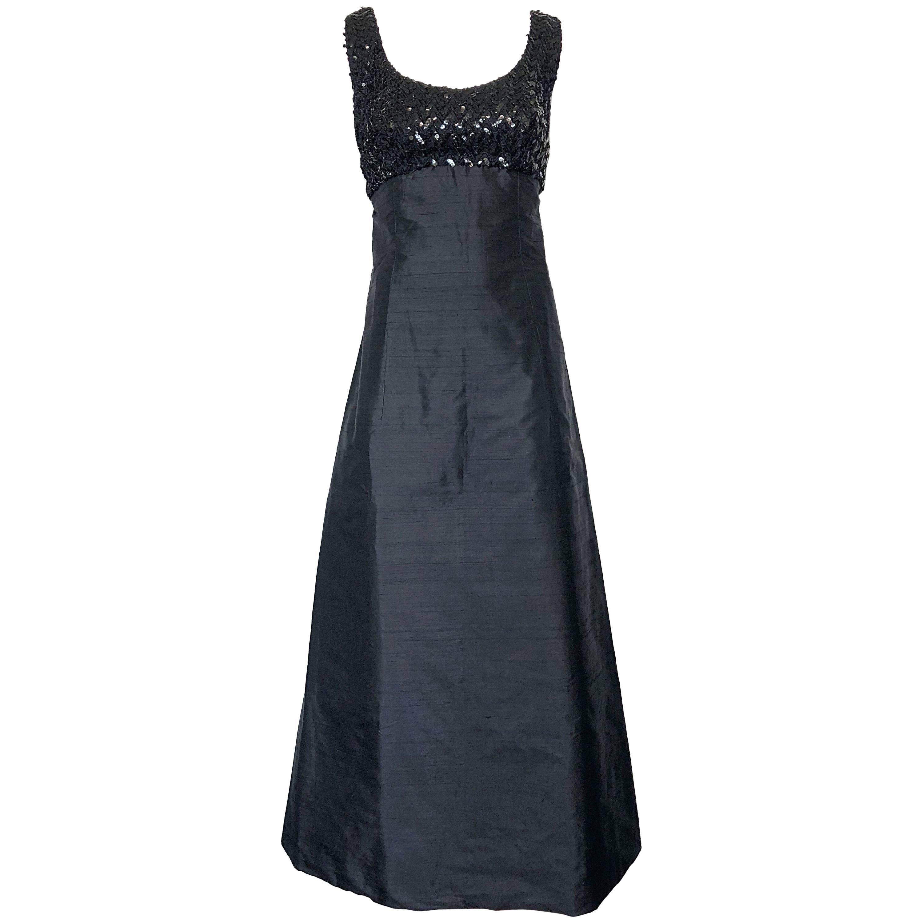 Biba 1960s Black Silk Shantung Sequined Bell Shape Vintage 60s Evening Gown