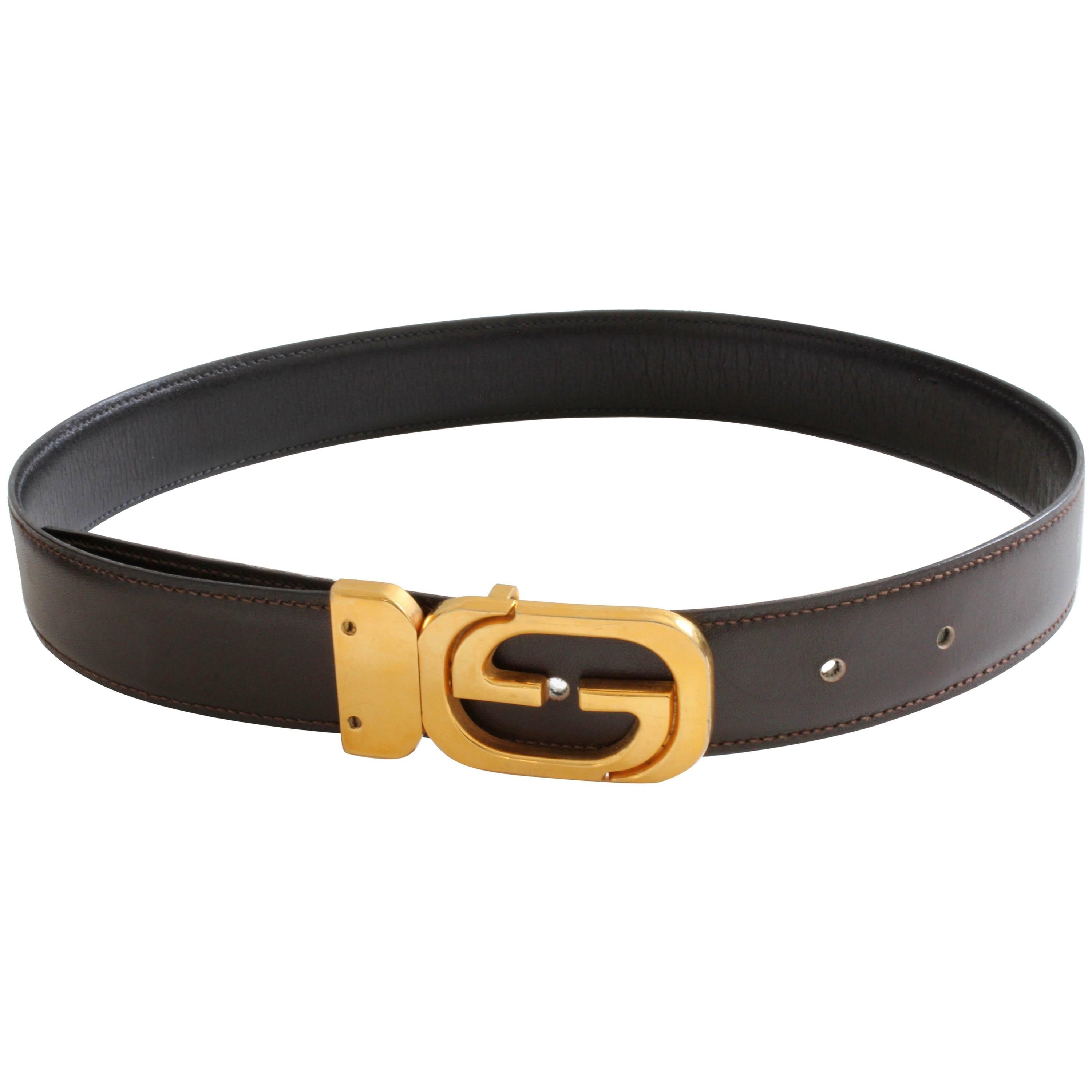 Gucci Gold Logo Belt Reversible Leather Belt Strap Brown Black 24in - 28in