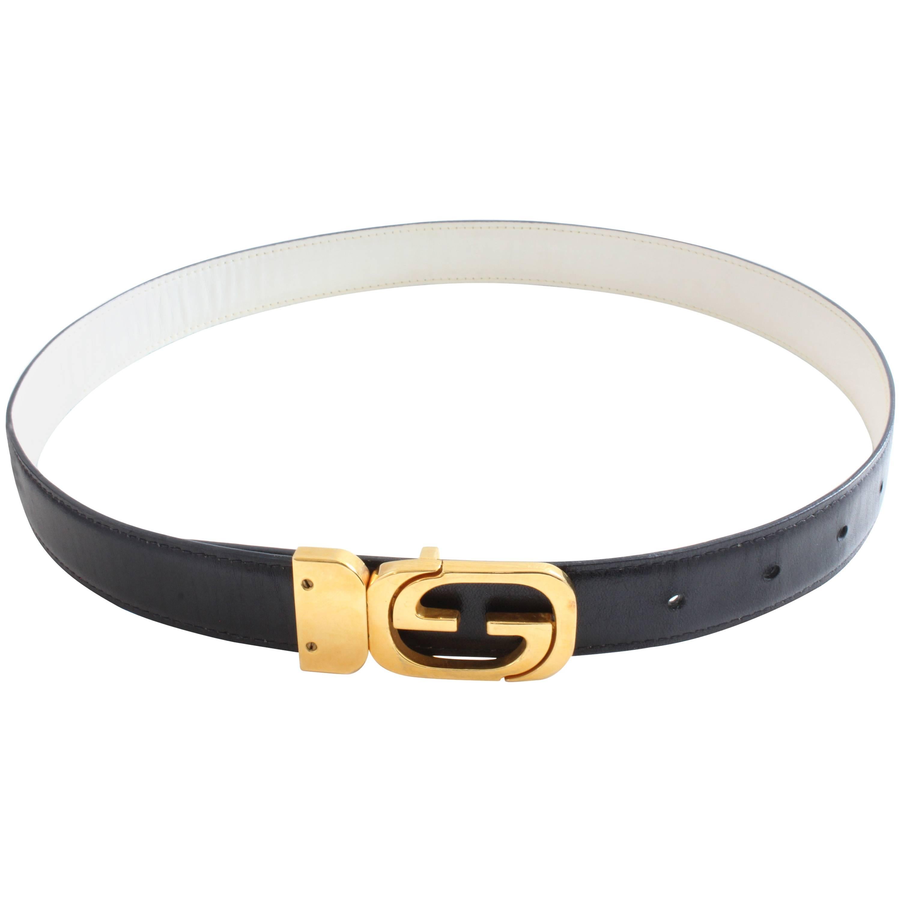 Gucci GG Gold Logo Buckle & Reversible Belt Strap Black White 26in - 30in