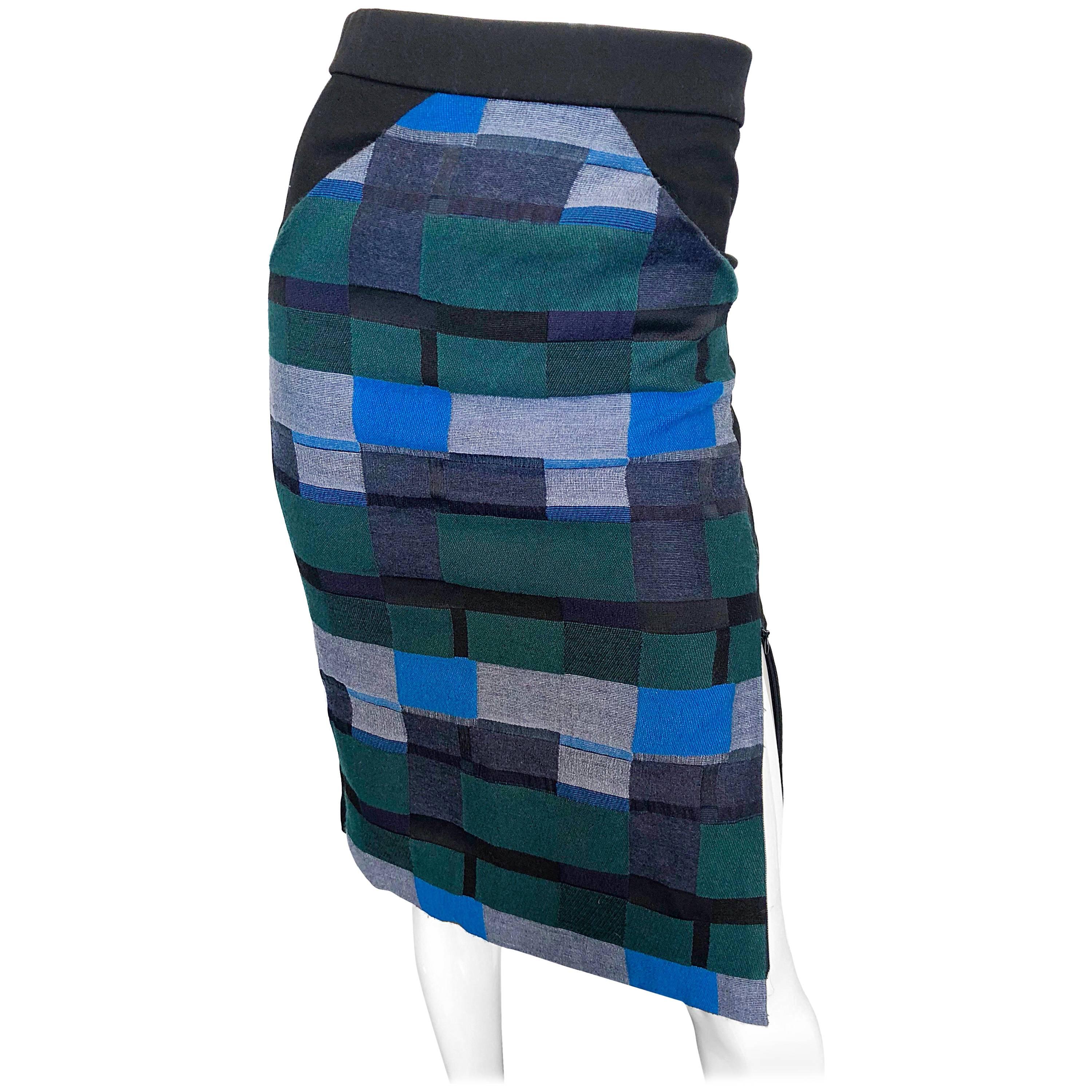 Zero + Maria Cornejo Block Print Black + Blue + Green High Waisted Pencil Skirt For Sale