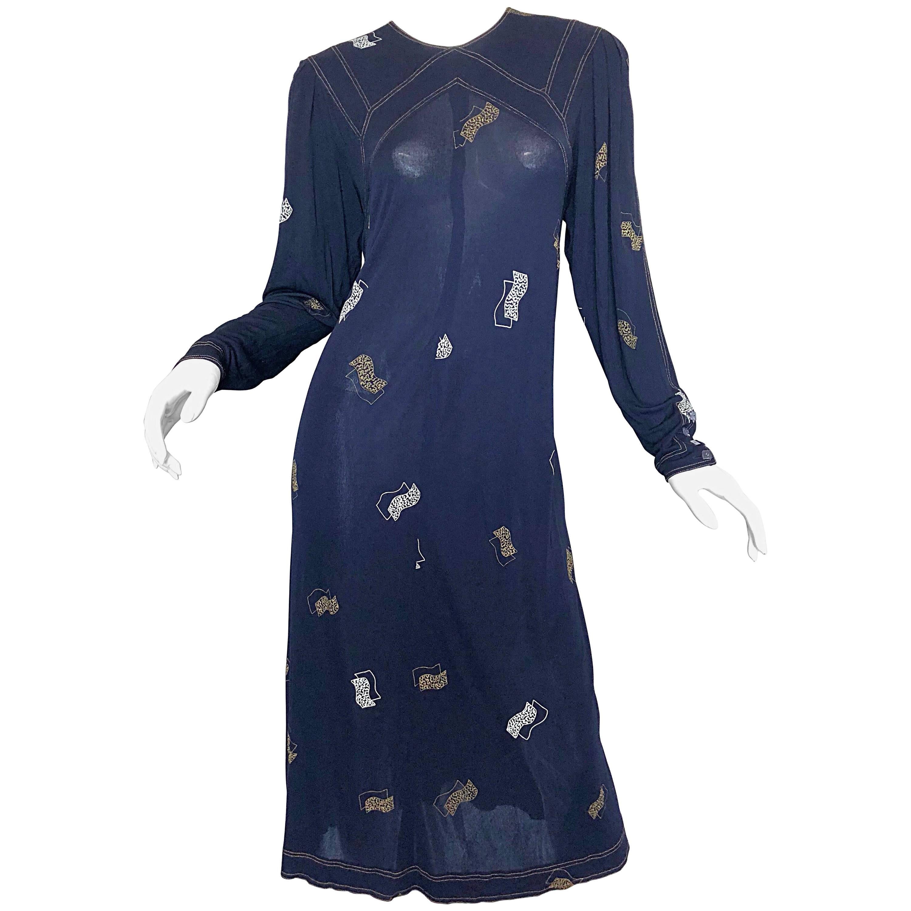 Vintage Jean Muir 1980s Does 1930s Navy Blue Hand Painted Art Deco Jersey Dress