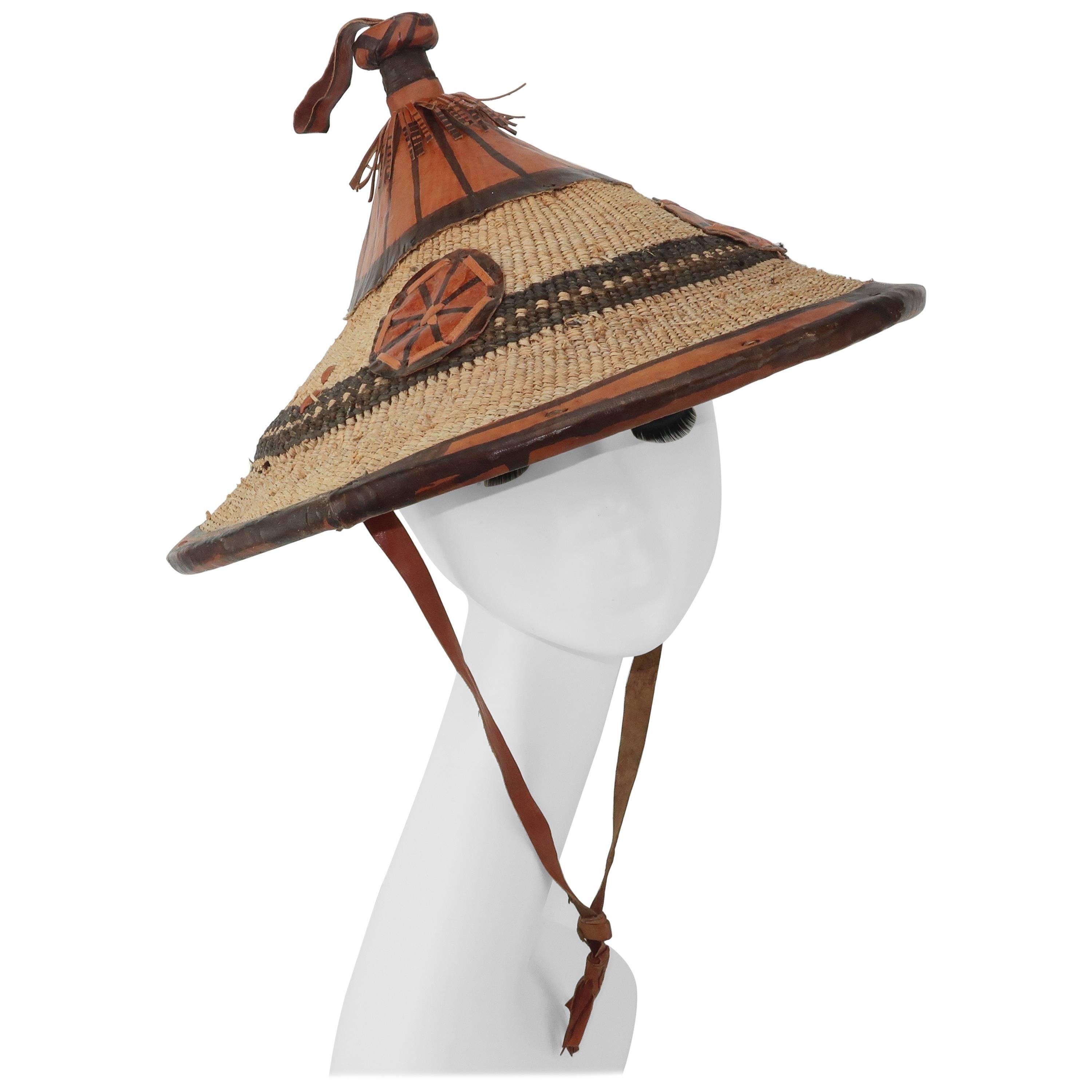 Vintage African Straw & Leather Pagoda Style Hat