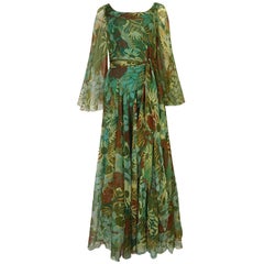 Retro 1970s Stavropoulos Couture Floral Print Silk Dress w Pleated Skirt