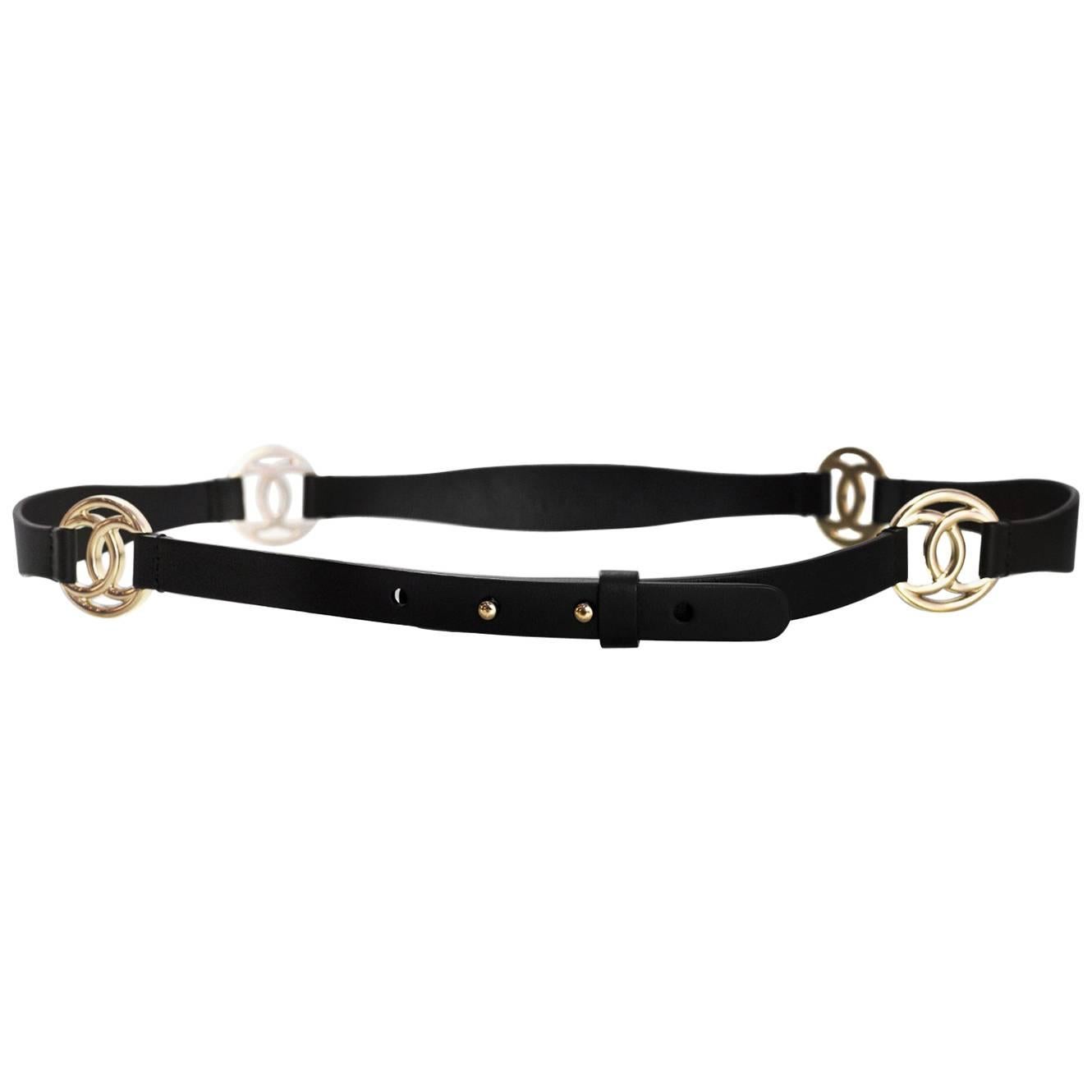 Chanel Black Leather & Pale Goldtone CC Belt Sz 85
