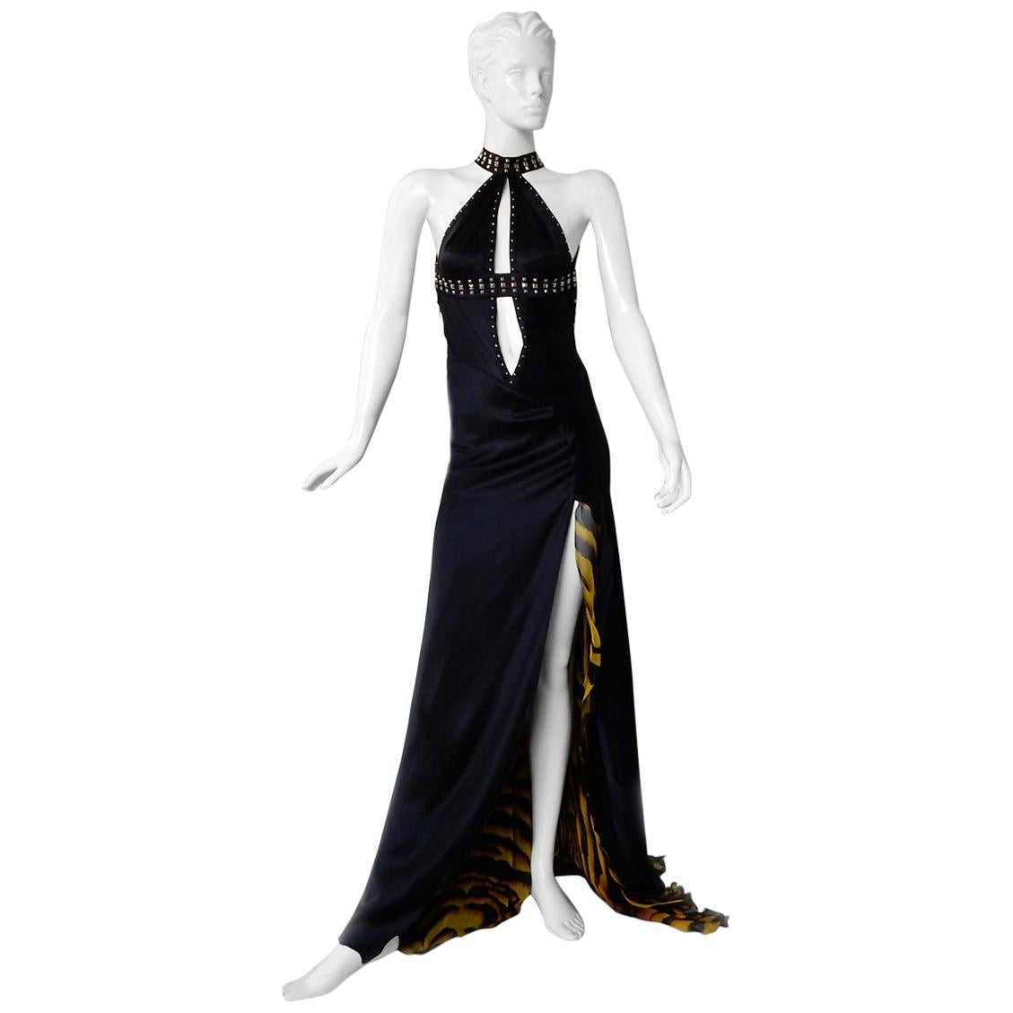 Versace Bondage Dress Gown with Plunging Neckline & Thigh High Slit   New!