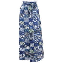 C.1970 Blue & White Batik Inspired Cotton Maxi Skirt