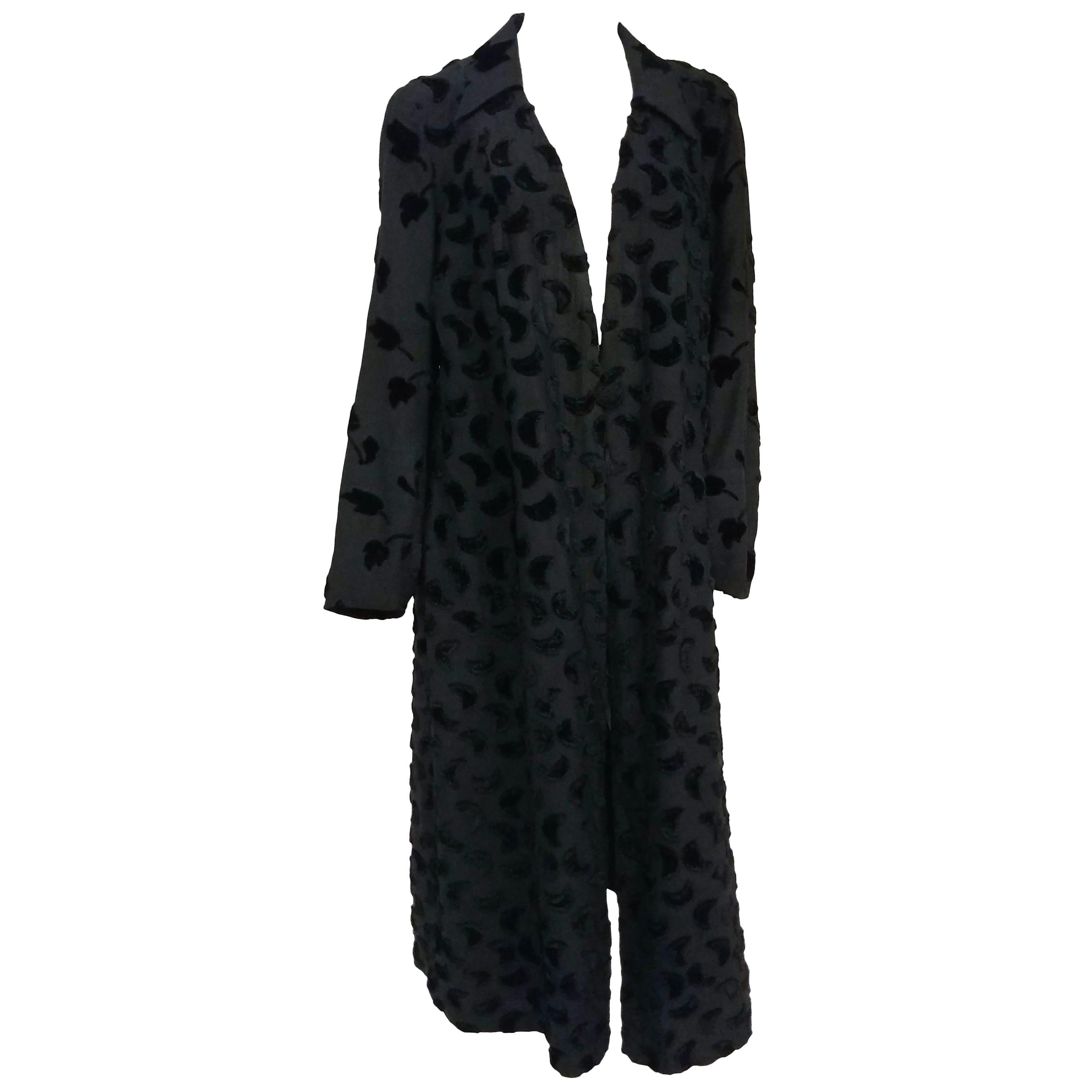 1920s Black Silk Coat with Flocked Velvet 