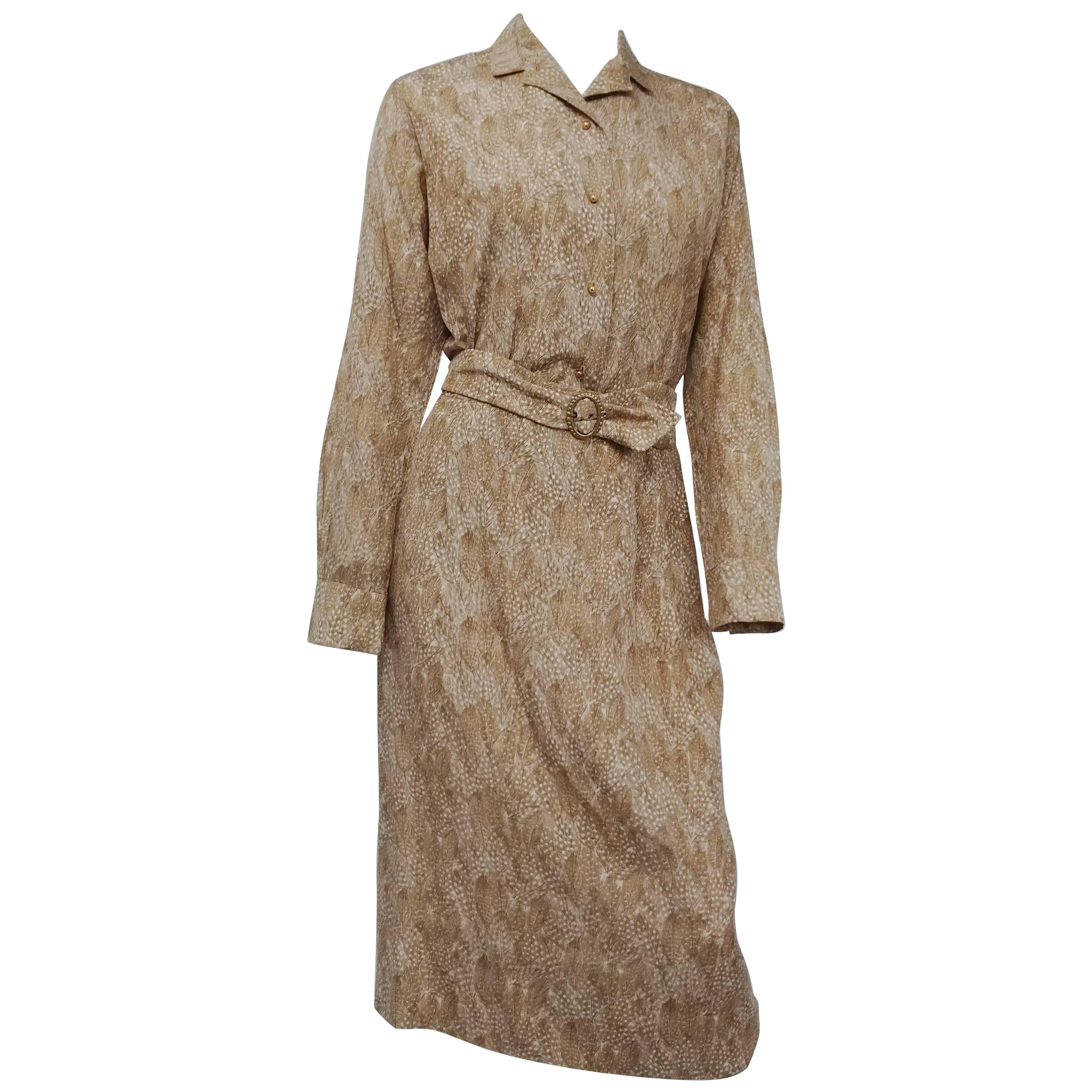 1970s Bill Atkinson Green Feather Printed Skirt Set with Matching Belt