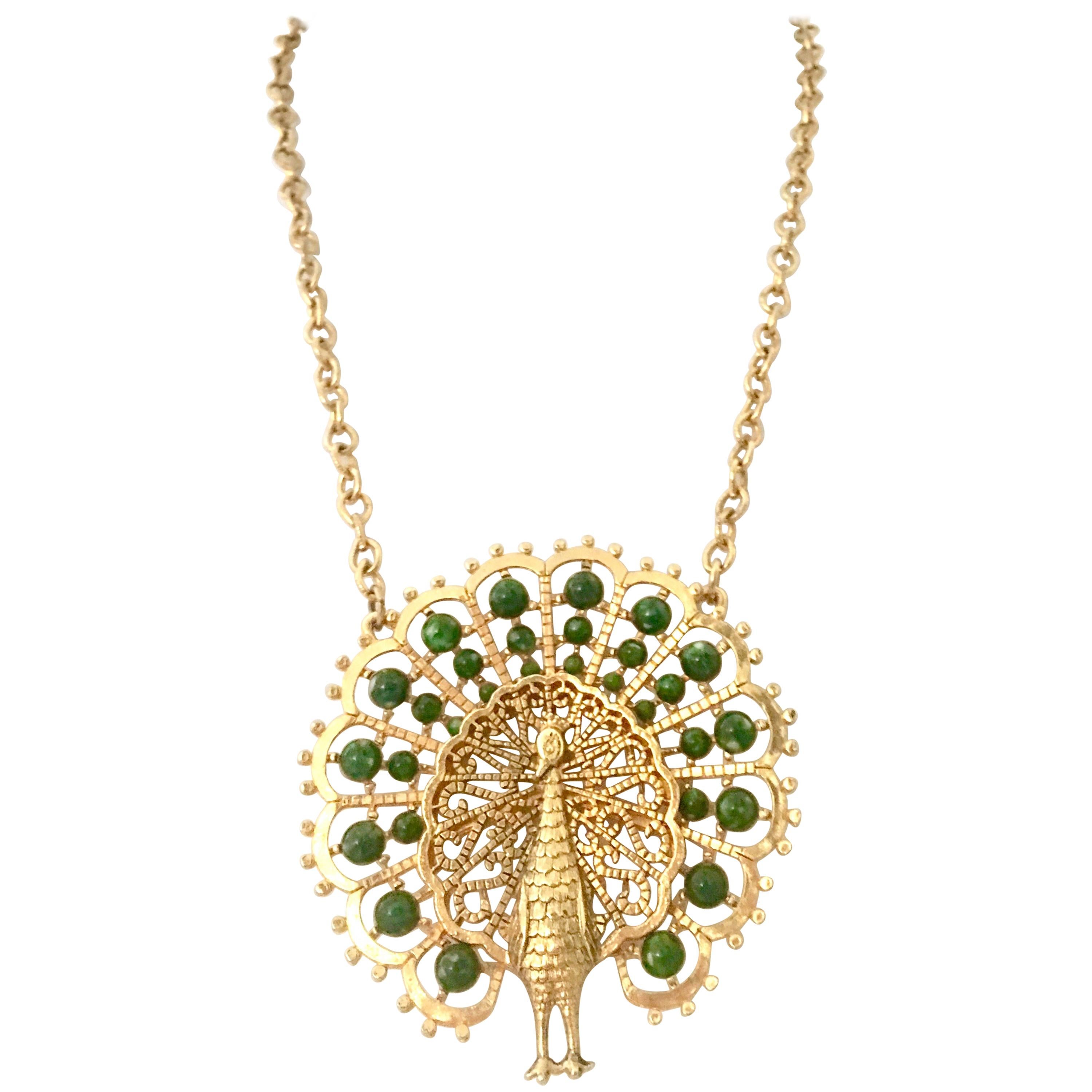 70'S Gold Plate & Faux Jade Bead Peacock Pendant Necklace By, Gold Crown For Sale