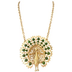 70'S Gold Plate & Faux Jade Bead Peacock Pendant Necklace By, Gold Crown
