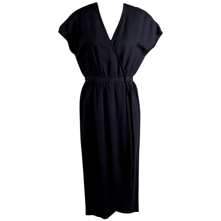 Halston Black Linen Dress with Cap Sleeves circa 1970s For Sale at