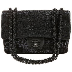 CHANEL Sequin Embroidered Medium Flap Bag Black 189545