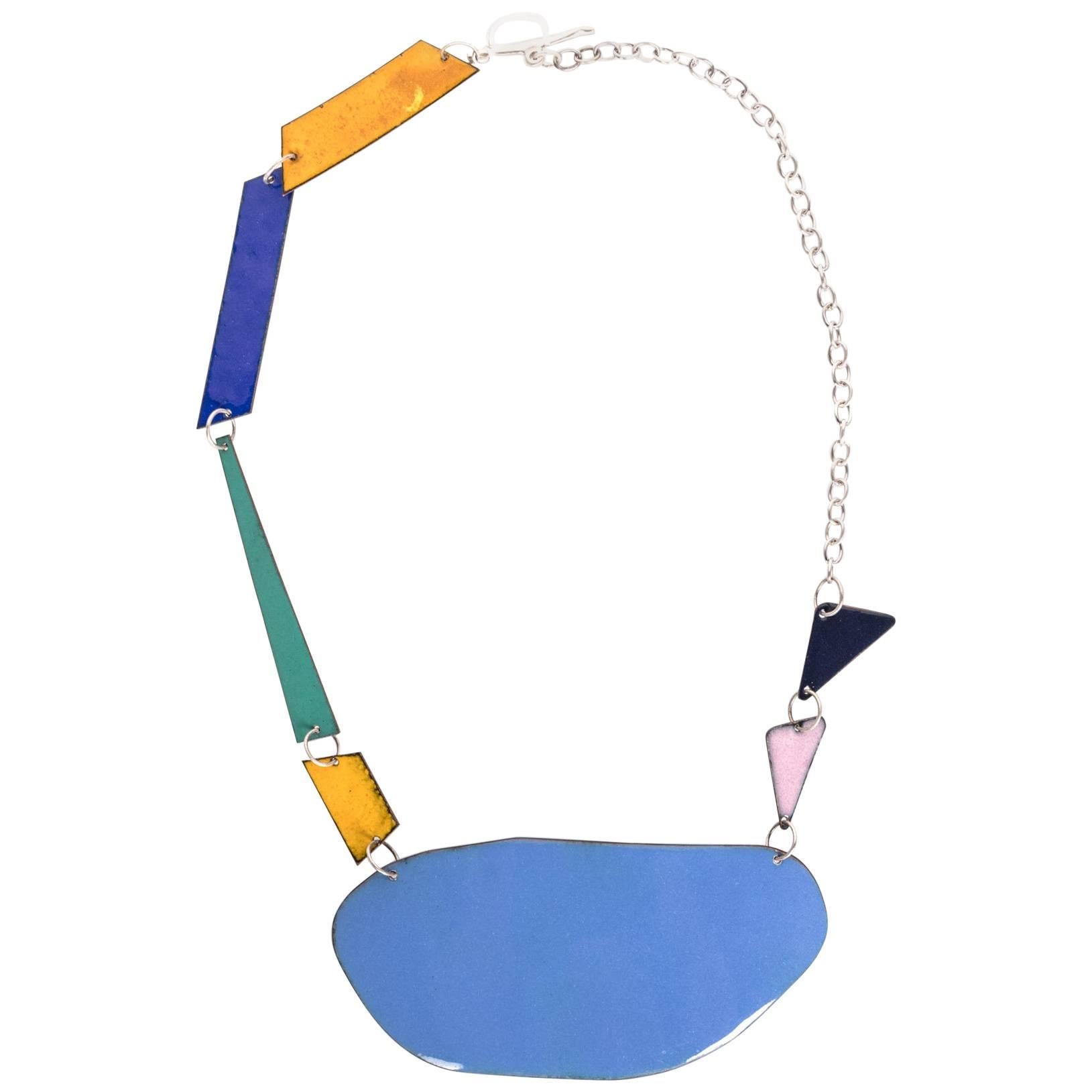 Michel McNabb for Basha Gold Blue Pond Enamel Sterling Silver Chain Necklace For Sale