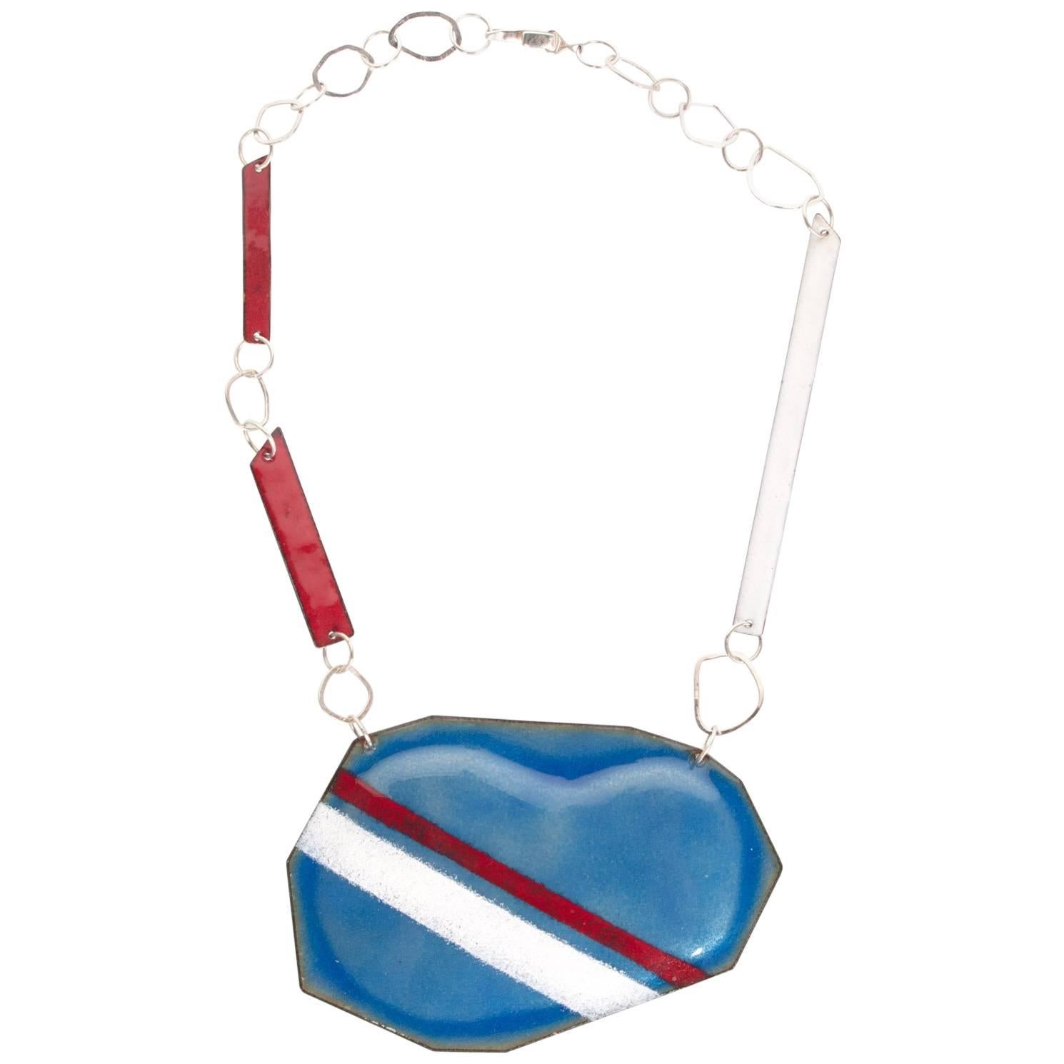 Michel McNabb for Basha Gold Blue Bean Sugar Coat Stripe Enamel Silver Necklace  For Sale