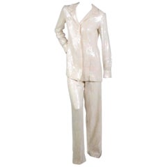 Veste et pantalon à sequins crème irisé Halston:: circa 1970