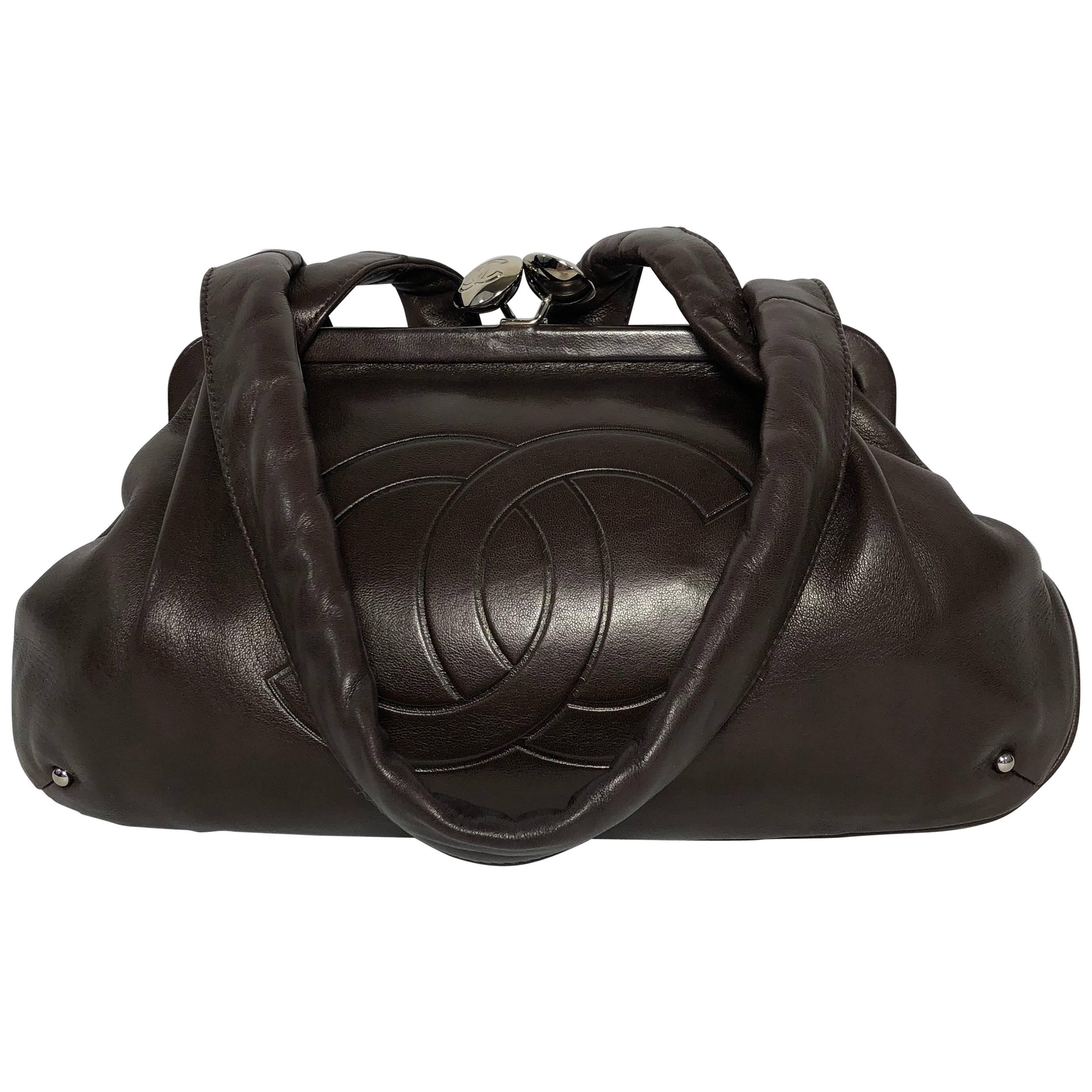 Chanel Lambskin Bee Frame Shoulder Bag with Kissing Lock in Chocolate Brown  at 1stDibs