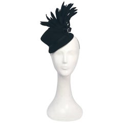 Vintage 1940s Black Felt Toy Hat w/ Cut Feather Flourish