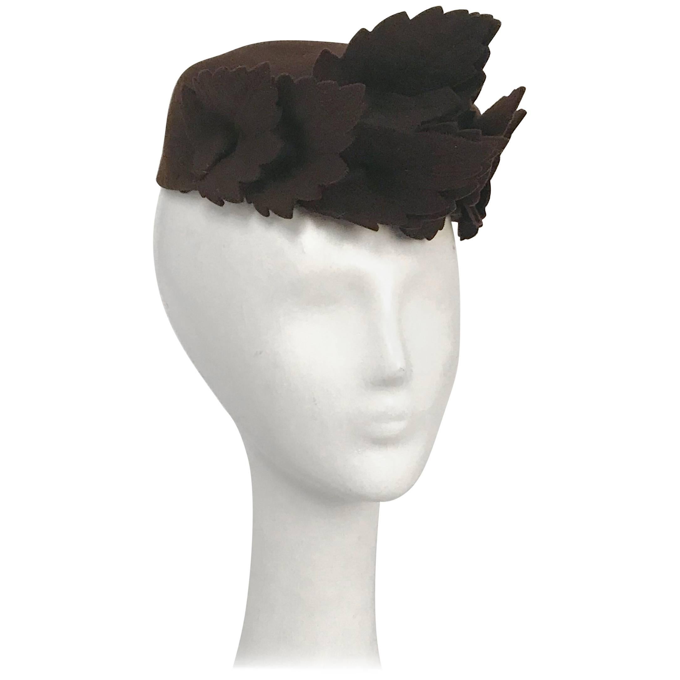 Brown Leaf Embellished Wool Hat, 1930s  For Sale