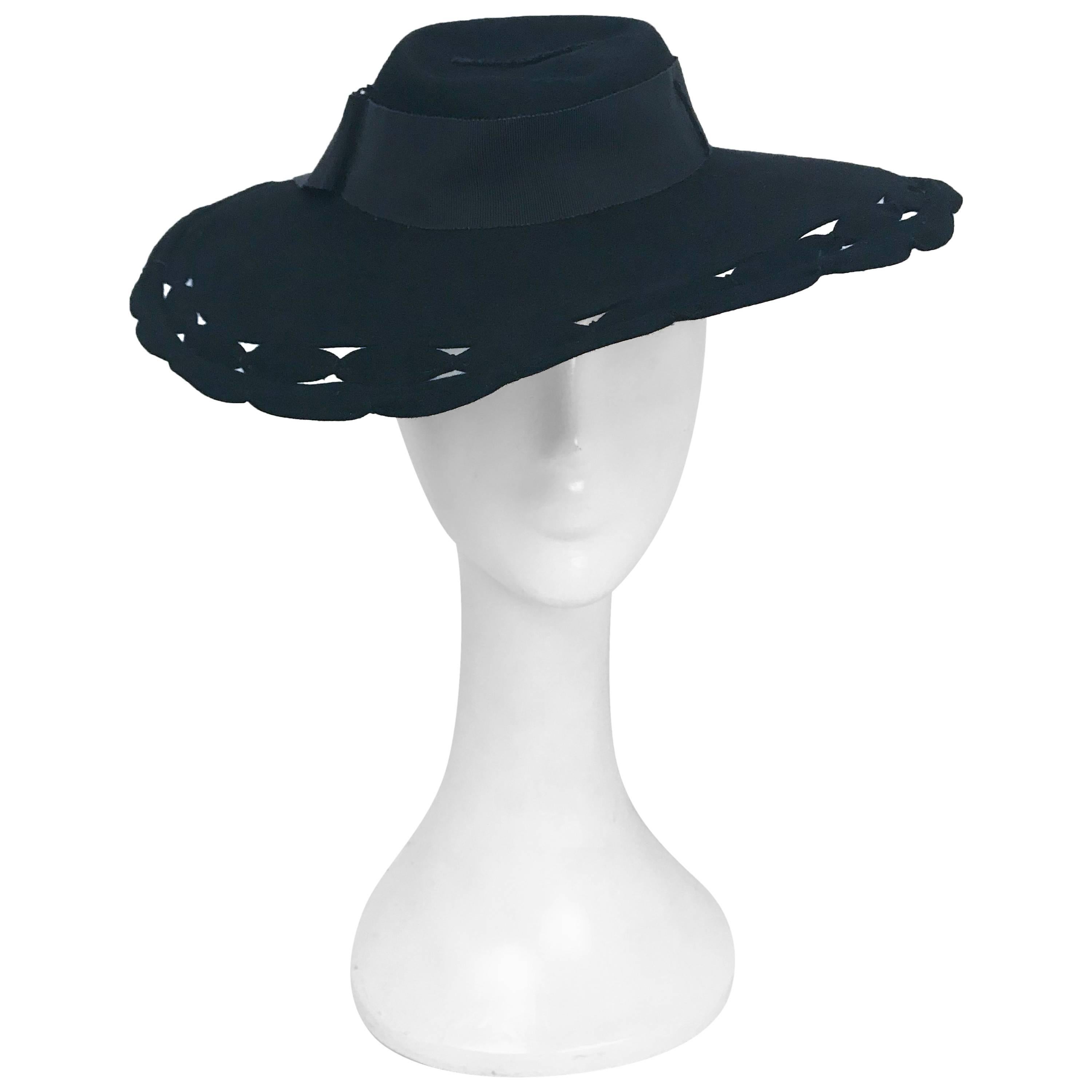 Black Wide Brim Hat with Scalloped Brim and Cutouts, 1930s  For Sale