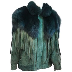 Vintage 1980s Green Fox Fur Trim Suede Jacket w/ Fringe