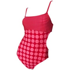 Bill Blass Vintage Cut Out 1990s Pink Red Polka Dot One Piece Bodysuit Swimsuit 