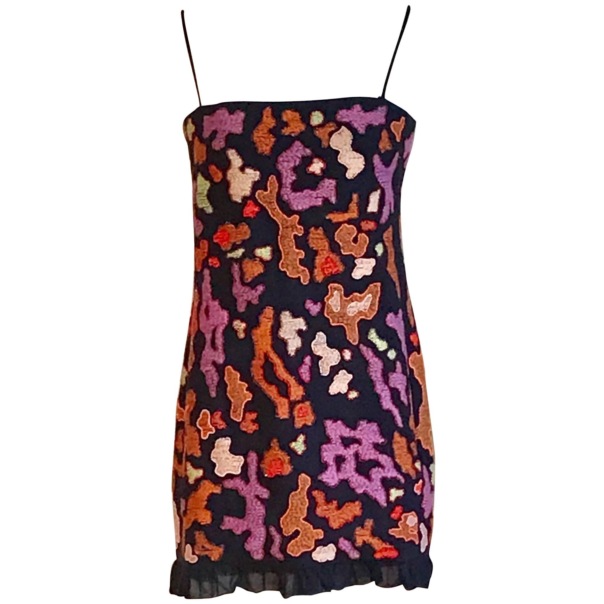 Chanel 1997 Black Embroidered Beaded Multicolor Abstract Design Mini Dress