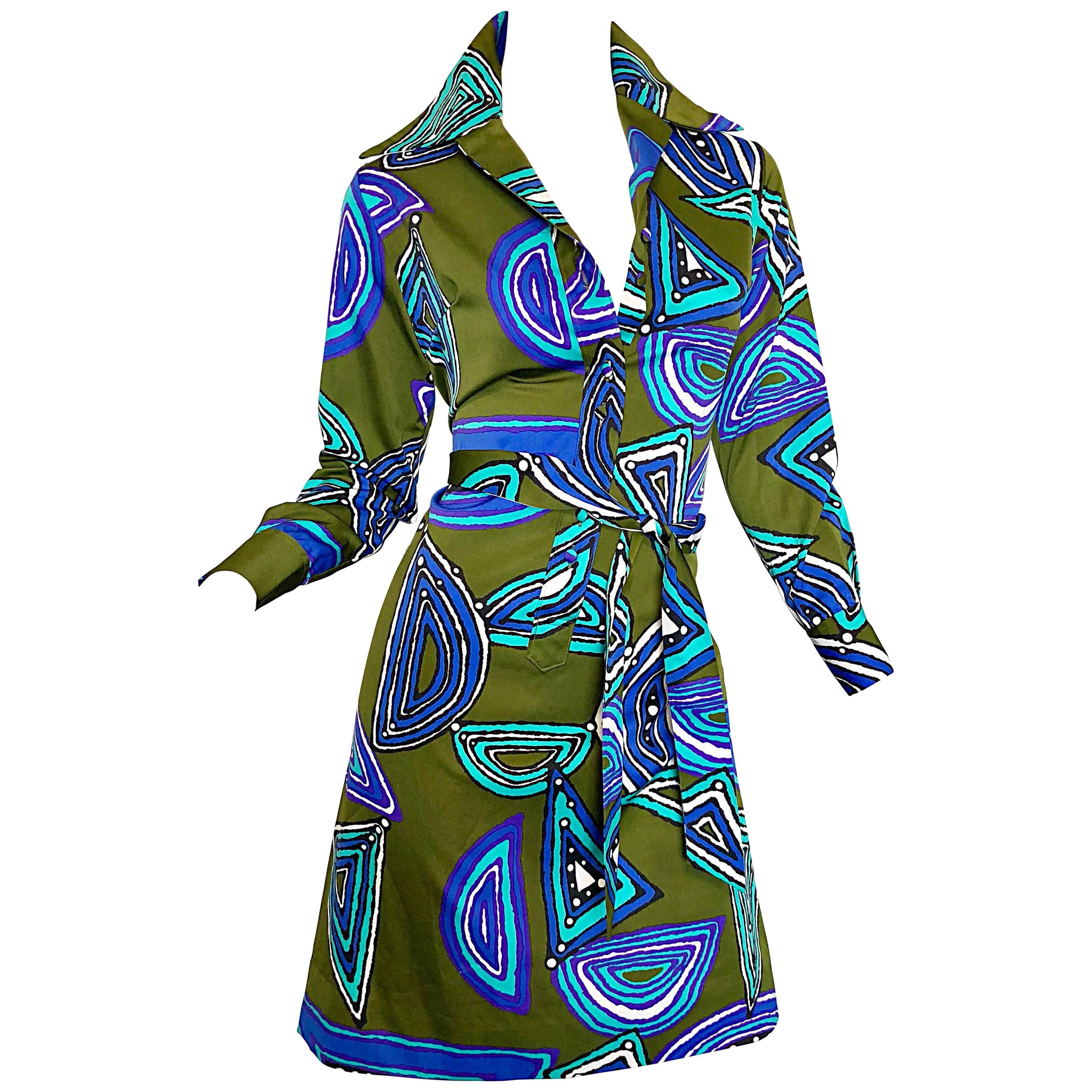 1970s Lanvin Olive Green + Blue Abstract Print Long Sleeve 70s Silk Shirt Dress