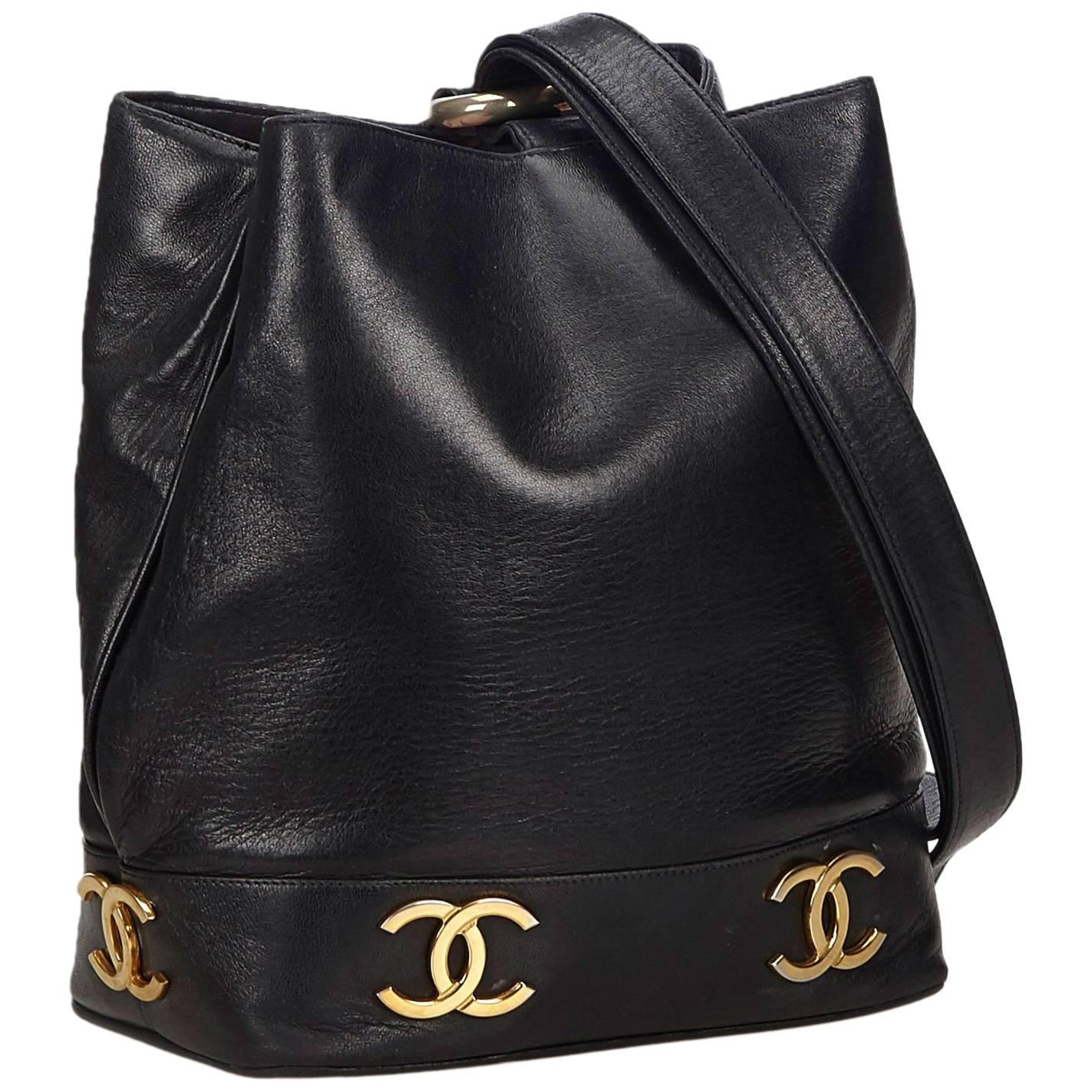 Chanel Black Lambskin Leather Gold Toned "CC" Bucket Bag