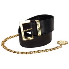 Vintage Chanel Black Leather Waist Strap Gold-Toned Buckle and Chain Belt with Medallion