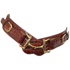 1990s Italian Gucci Style Brown Alligator Embossed Leather Horsebit Vintage Belt