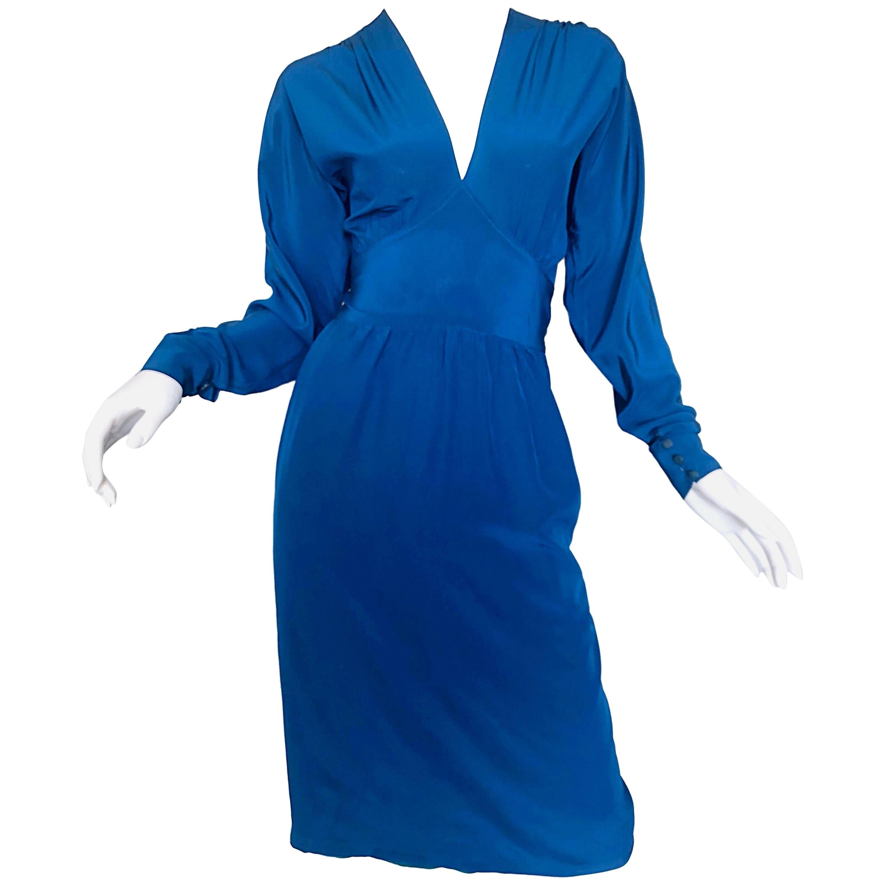 Alan Austin 1970s Cerulean Blue Italian Open Back Long Sleeve Vintage Silk Dress For Sale