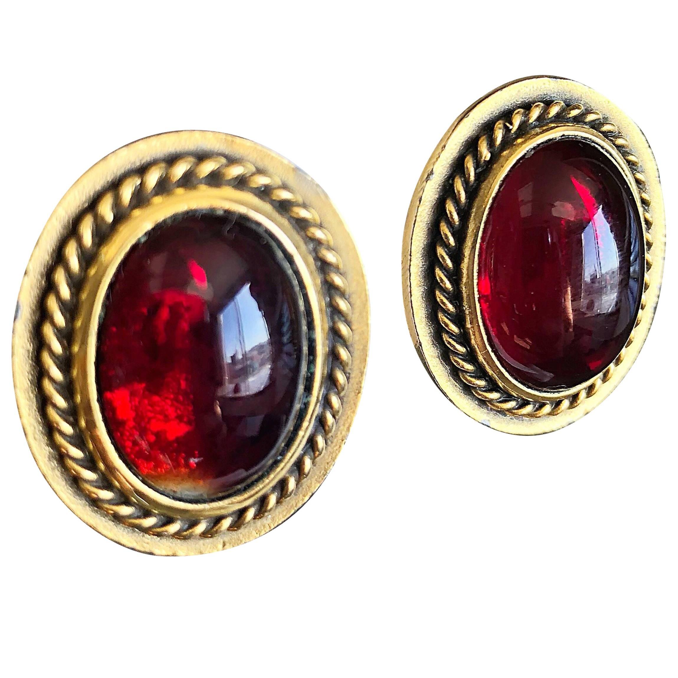 Vintage Yves Saint Laurent YSL Ruby Red Gripoix Gold Round Clip On Earrings