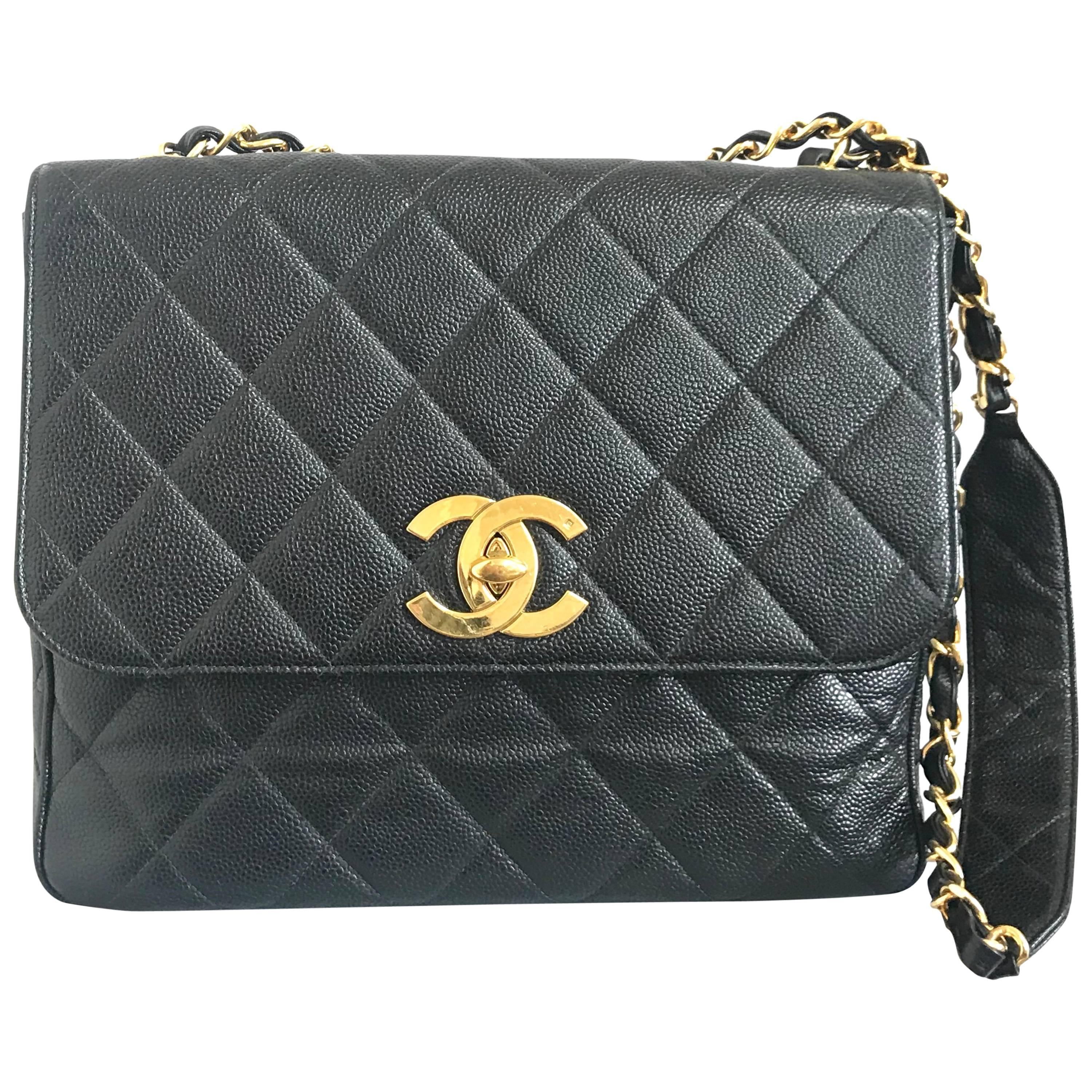 Vintage Chanel classic large black caviar leather 2.55 square chain shoulder bag For Sale