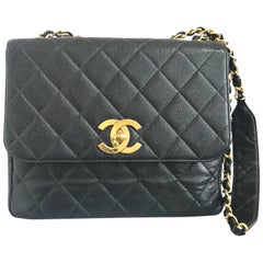 Vintage Chanel classic large black caviar leather 2.55 square chain shoulder bag