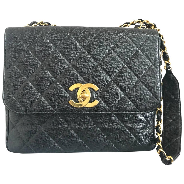 Vintage Chanel classic large black caviar leather 2.55 square chain  shoulder bag