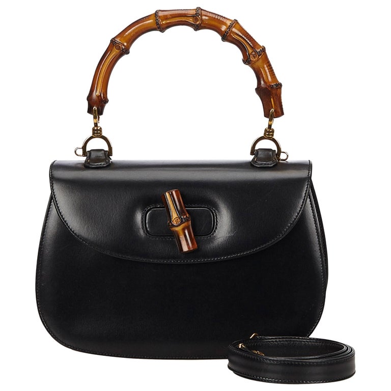 Gucci Black Leather Bamboo Handle Bag with detachable shoulder strap at