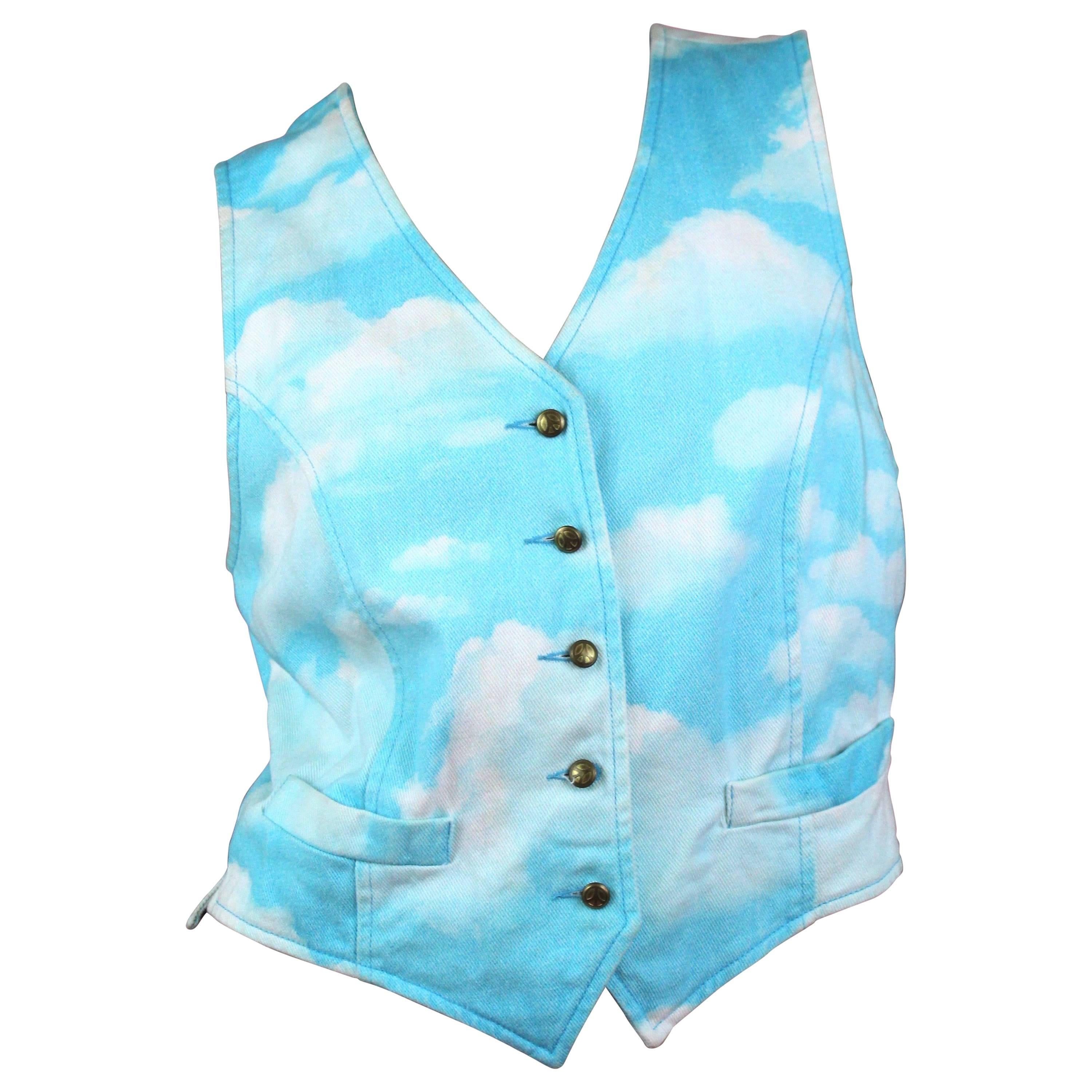 Moschino Jeans Cloud Print Light Blue Vest with Gold Hardware 