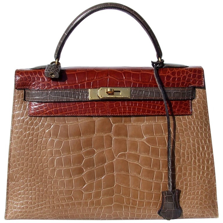 Hermes Kelly 32 Sellier Tricolor Beige Cognac Grey Alligator Crocodile
