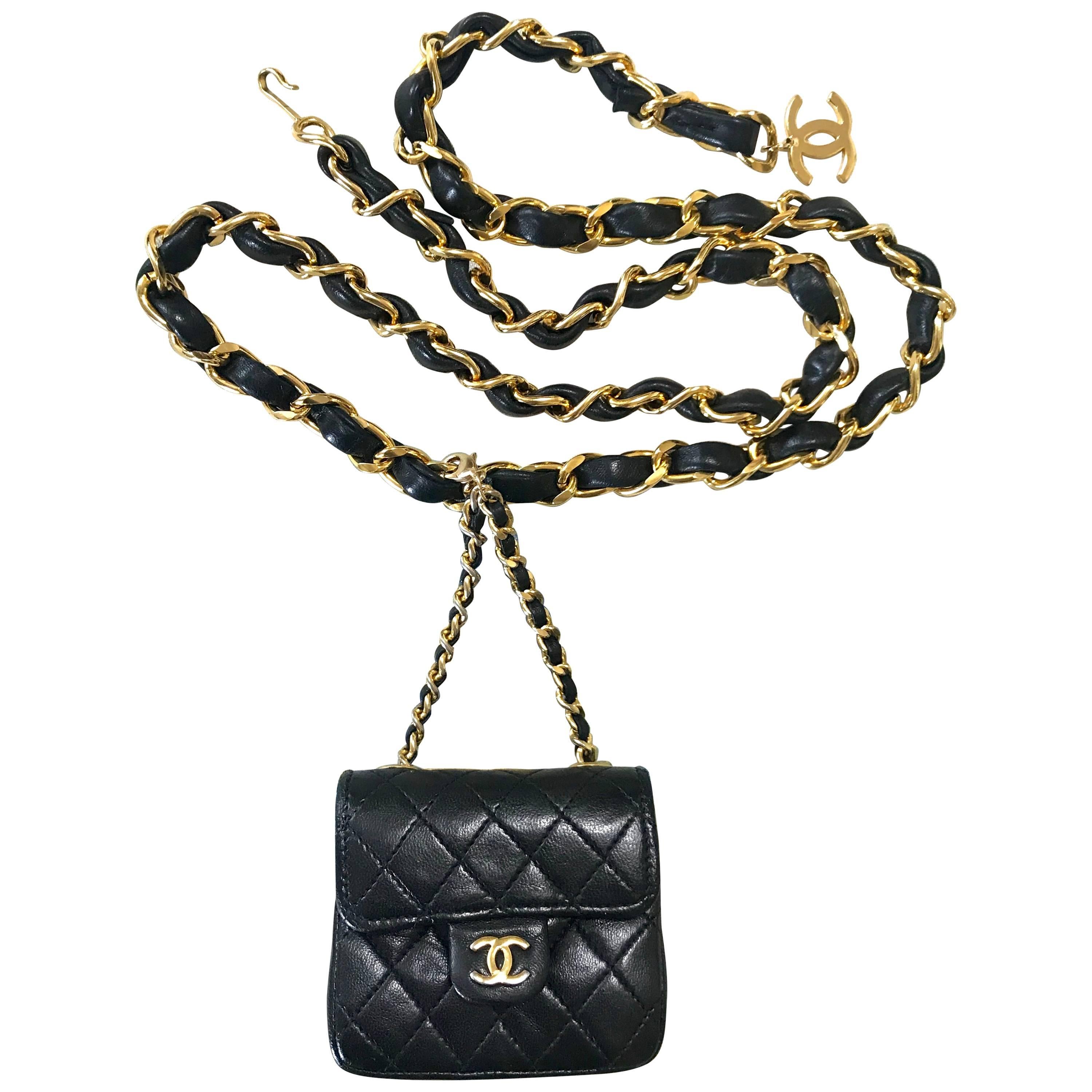 Chanel Vintage black lambskin mini 2.55 bag charm chain leather belt with CC