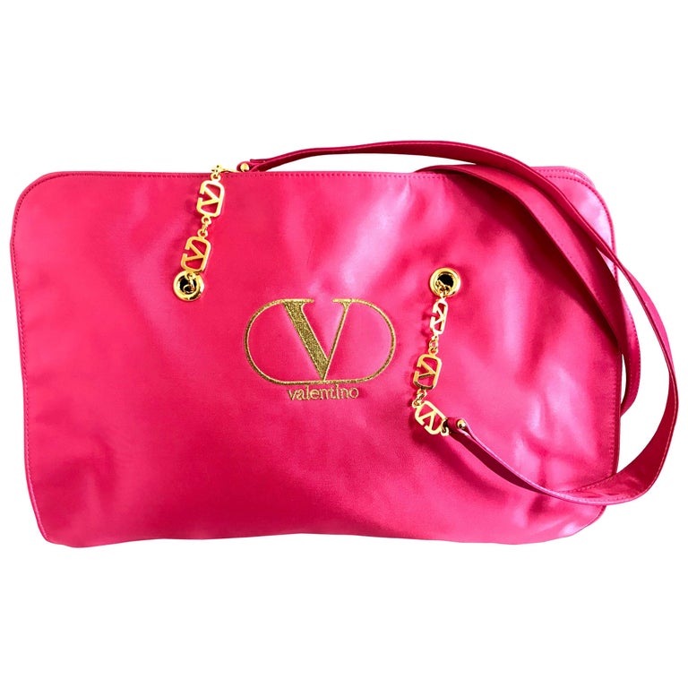 Vintage Valentino Garavani pink satin large tote with gold tone V logo  straps. For Sale at 1stDibs