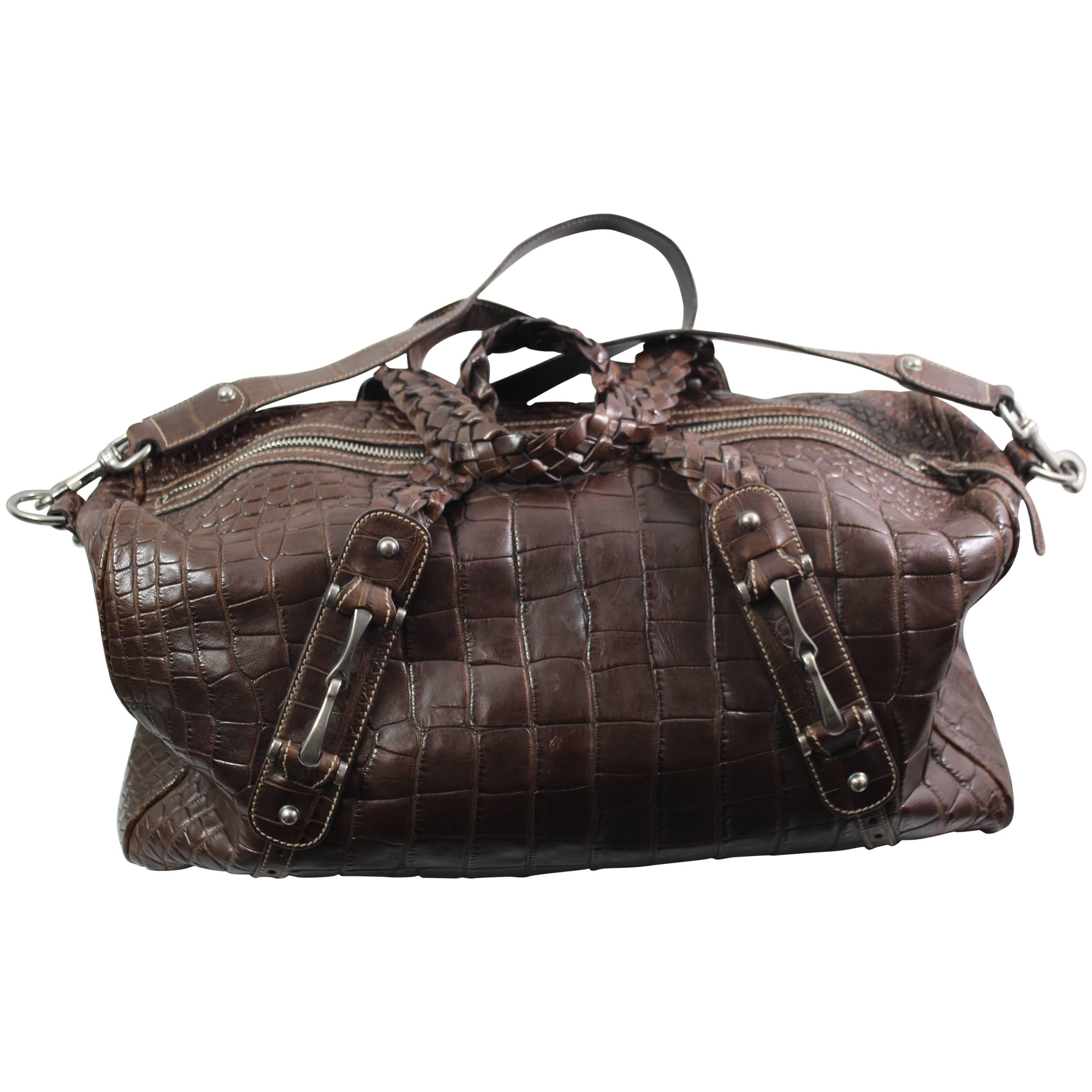 New 2007 Gucci Men's Cocco Nappato crocodile Travel Bag with Detachable Strap