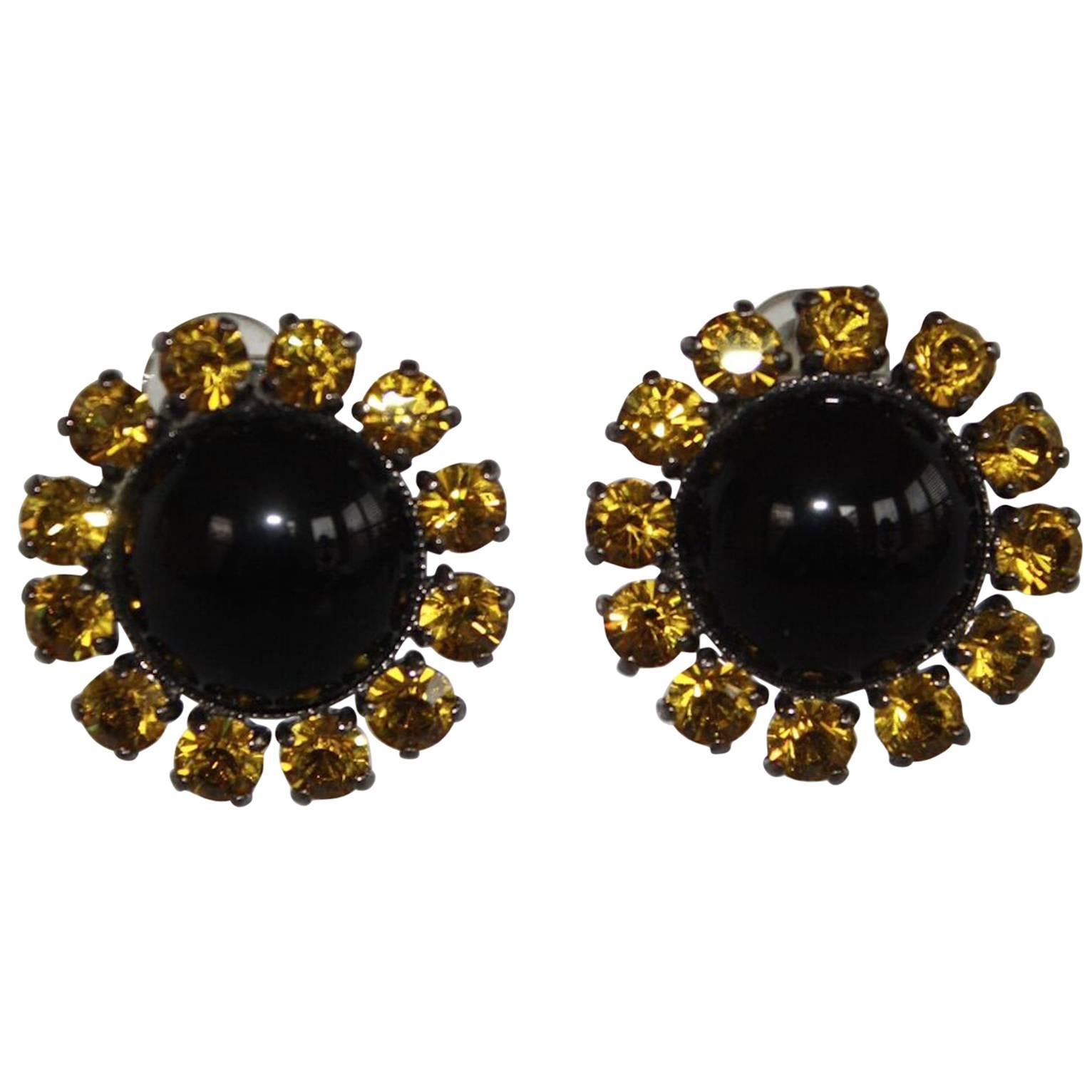 Philippe Ferrandis Black and Yellow Button Clip Earrings 