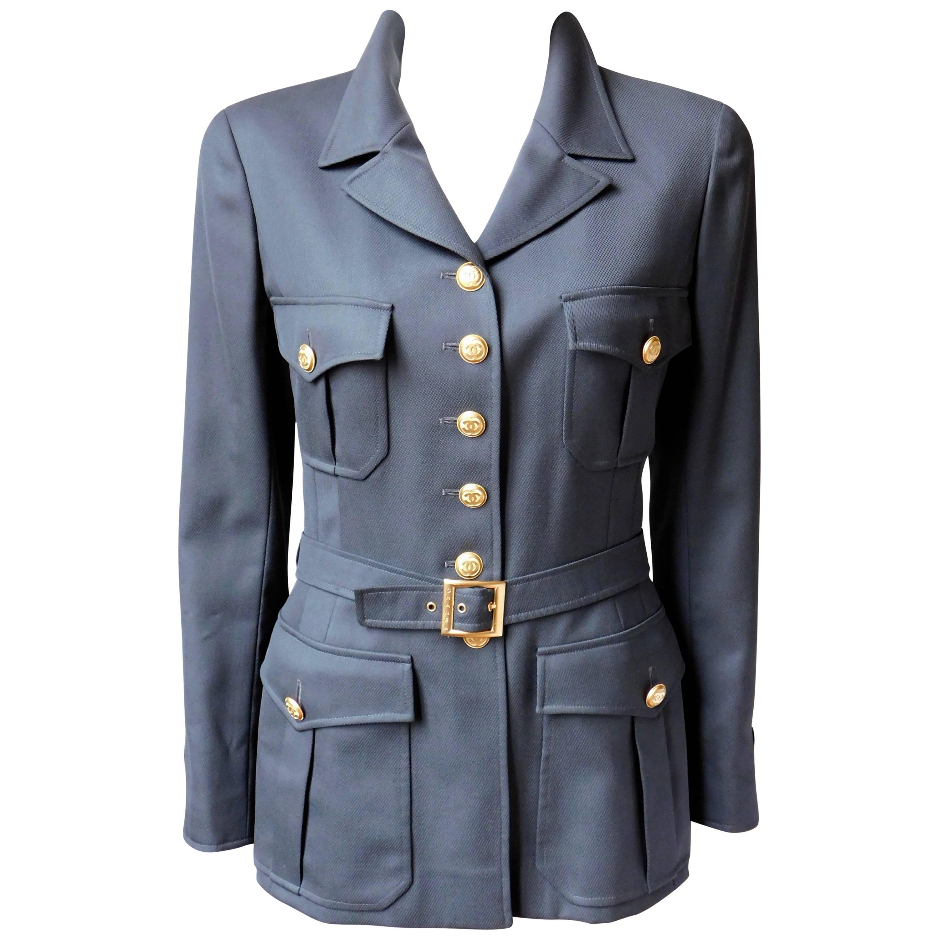 Chanel Gabardine Military Style Jacket with 16 Gold Buttons at 1stDibs