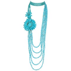 Vintage Bleu turquoise beaded boho style opera length necklace